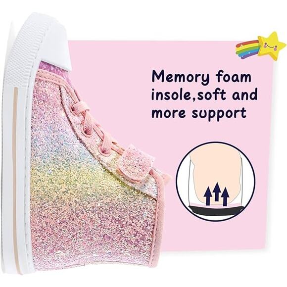 New KomForme Toddler Girl Size 8 Rainbow Glitter Hook Loop Canvas High Top Shoes - Picture 2 of 5